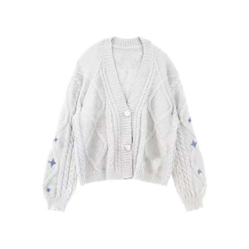 Damen nan oversize Strickcardigan mit Zopfmuster und Sternapplikationen V-Ausschnitt Knopfleiste Drune