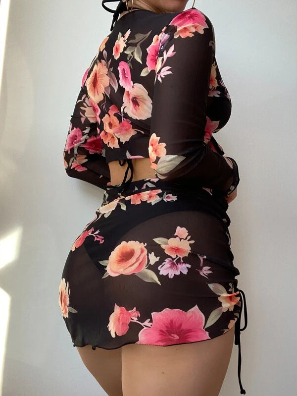 Damen Crop-Top mit floralem Design und tailliertem Rock Drune