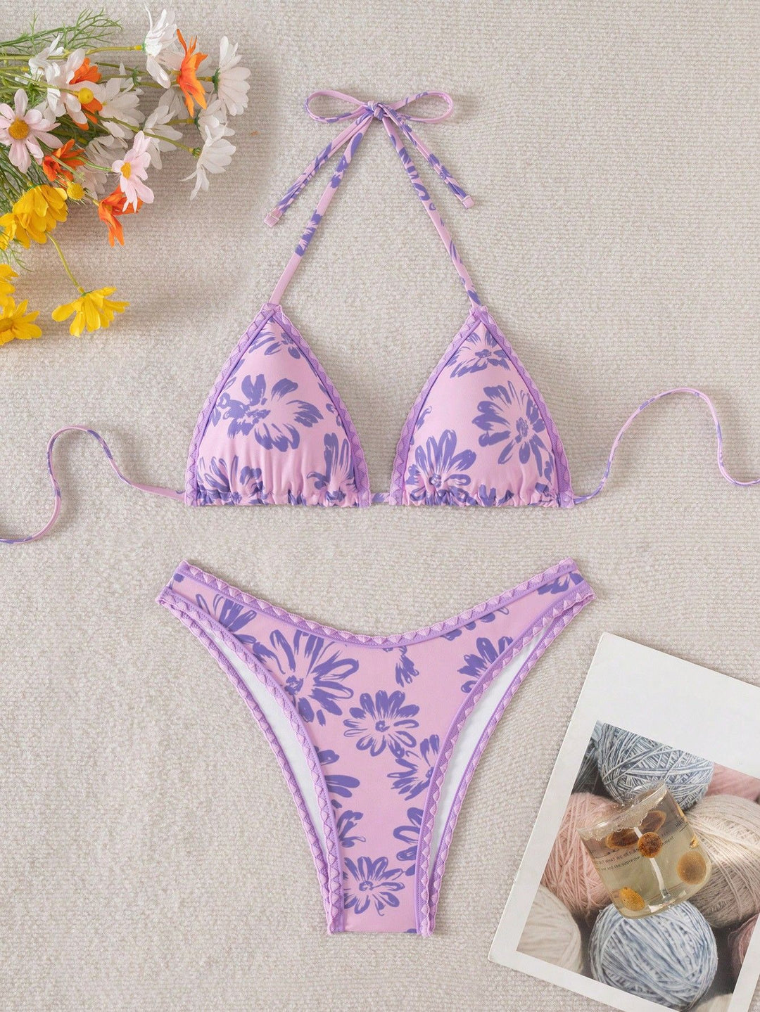 Damen Triangel-Bikini mit verspieltem Blumenmuster Drune