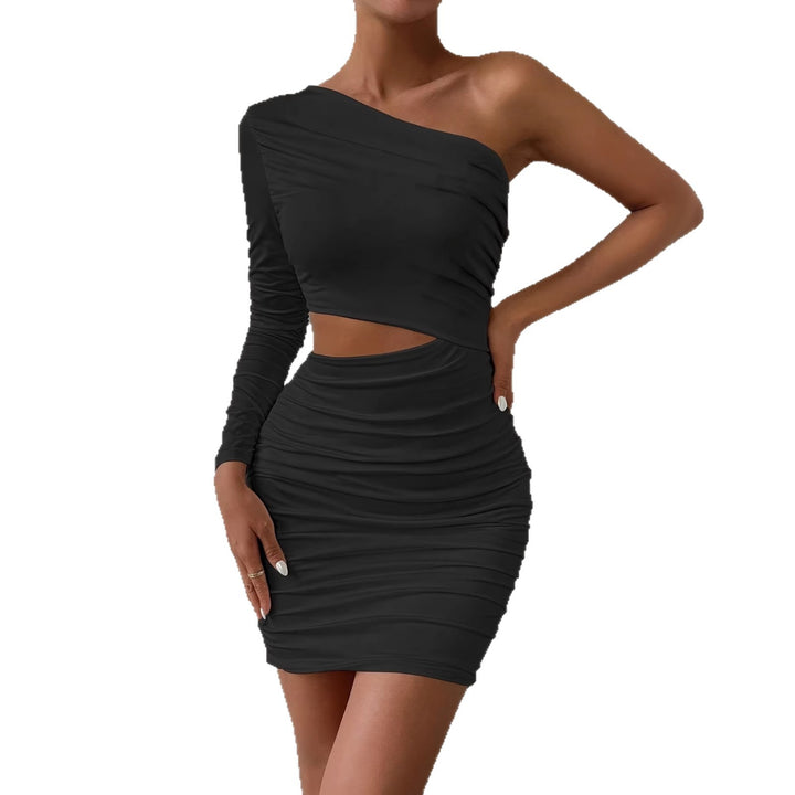 Damen Bodycon Kleid mit asymmetrischem Ausschnitt und Raffungen Drune