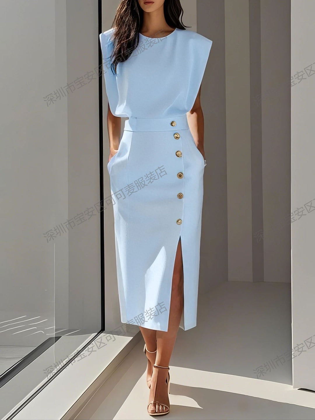 Damen Elegantes Abendkleid mit hohen Schultern und seitlichem Schlitz Drune