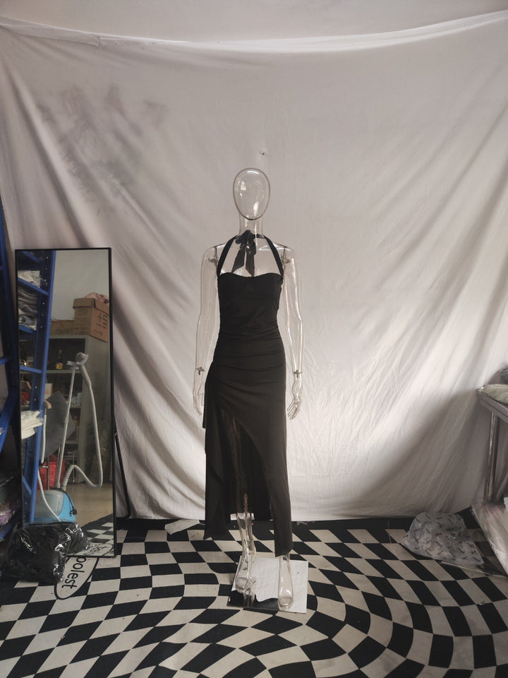 Damen Elegantes Kleid mit asymmetrischem Saum und schicker Nackenbindung Drune