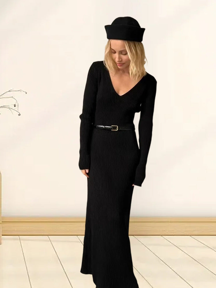 Damen Langarm-Strickkleid mit tiefem V-Ausschnitt und figurbetonter Silhouette Drune