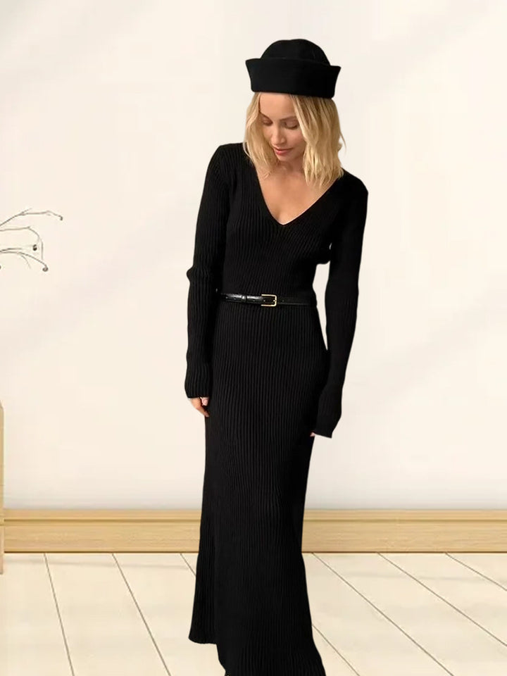 Damen Langarm-Strickkleid mit tiefem V-Ausschnitt und figurbetonter Silhouette Drune