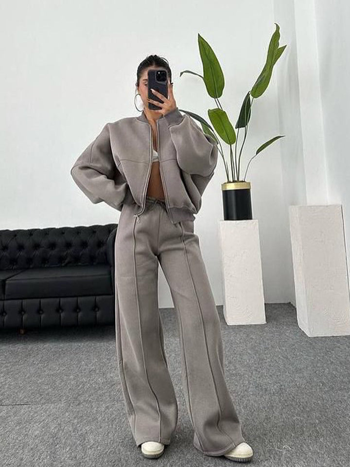 Damen nan Oversize Reißverschlussjacke mit weiter High-Waist Loungehose Set Drune