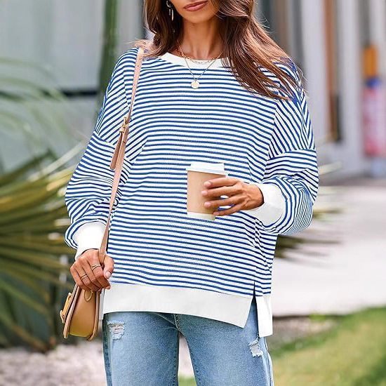 Damen gestreifter Pullover mit weitem Schnitt und elegantem Design Drune