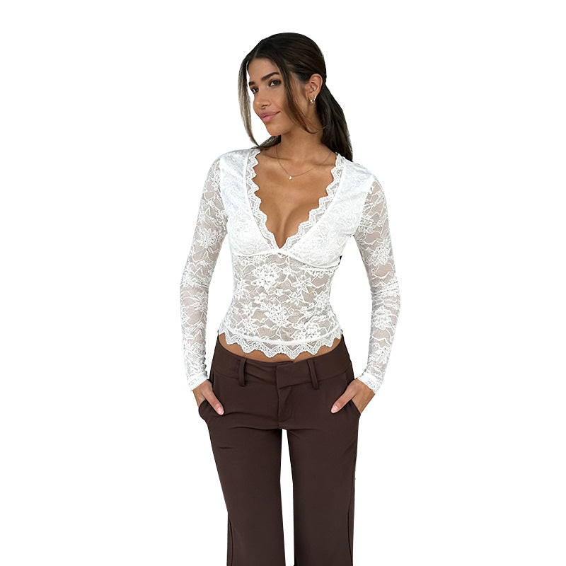 Damen Spitze Langarmshirt mit V-Ausschnitt und Rüschen Drune