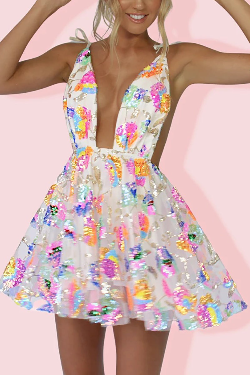 Drune | Regenbogen Pailletten Offene Rücken Slip Mini Kleid