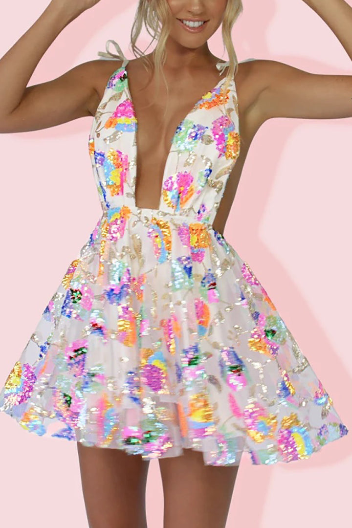 Drune | Regenbogen Pailletten Offene Rücken Slip Mini Kleid