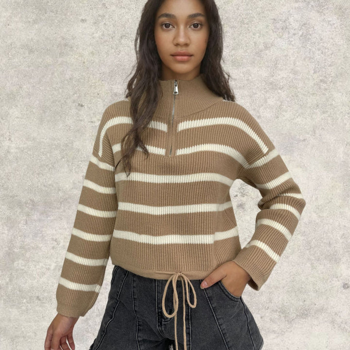 Damen Strickpullover mit Stehkragen und Kordelzug Drune