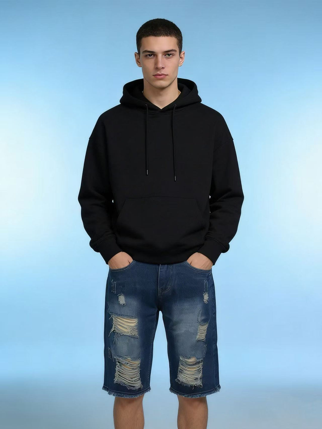 Herren lässige destroyed Jeansshorts mit fransigen Abschlüssen und weitem Bein Drune