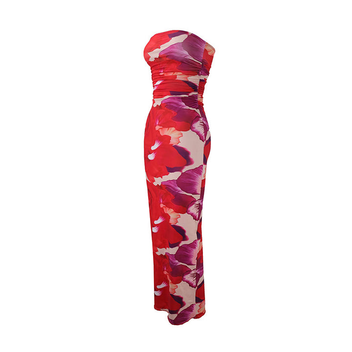 Damen elegantes, trägerloses Maxikleid mit raffiniertem Mustermix Drune