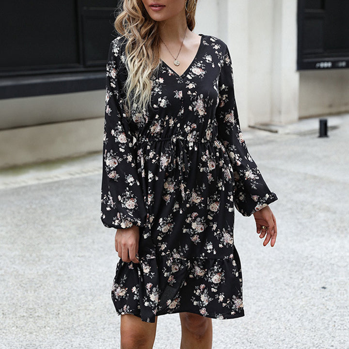 Damen Blumenkleid mit voluminösen Ärmeln und Taillenzug Drune