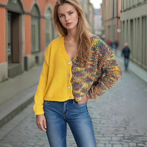 Damen lässige Strickjacke mit farbenfrohen Akzenten und Knopfdetails Drune