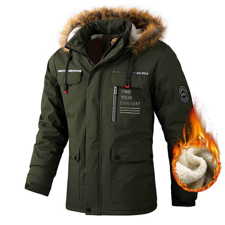 Herren nan wasserdichter Winterparka mit Teddyfutter, abnehmbarer Kunstfellkapuze und multifunktionalen Reißverschluss- und Klappentaschen Drune