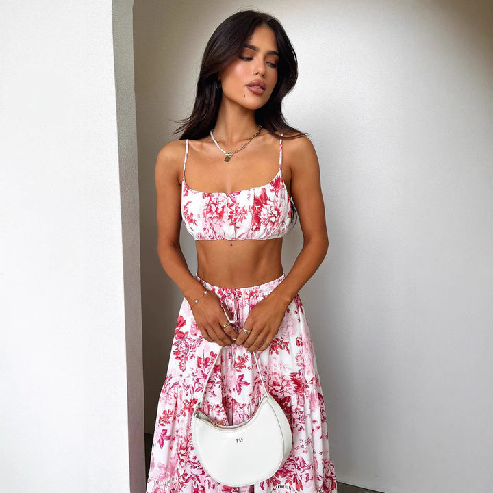 Damen Zweiteiliges Sommeroutfit mit floralem Top und Maxi-Rock Drune