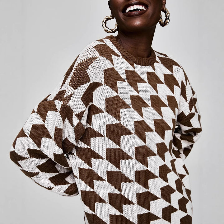 Damen geometrischer Strickpullover mit lässigem Schnitt und trendigen Trompetenärmeln Drune