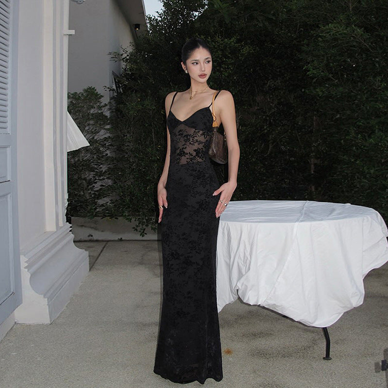 Damen Elegantes Spitzen-Maxi-Kleid mit Spaghetti-Trägern und transparenter Optik Drune