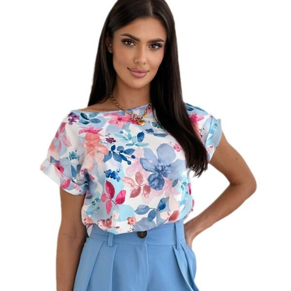 Drune | Sommerbedrucktes Rundhalslockeres Shirt