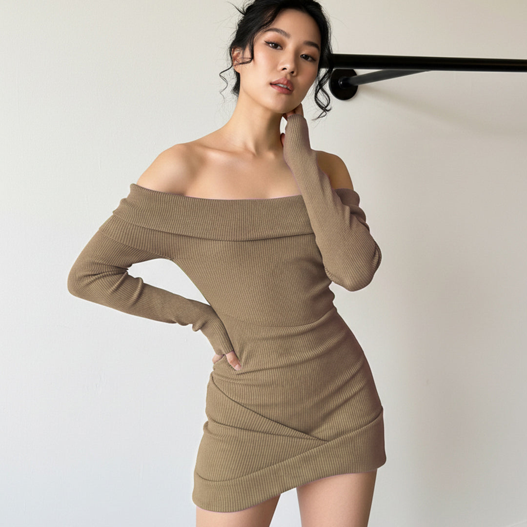 Damen figurbetontes Off-Shoulder Kleid aus Rippstrick Drune