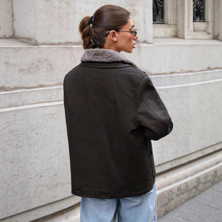 Damen lässige Übergangsjacke mit Kunstfellkragen und praktischen Taschen Drune