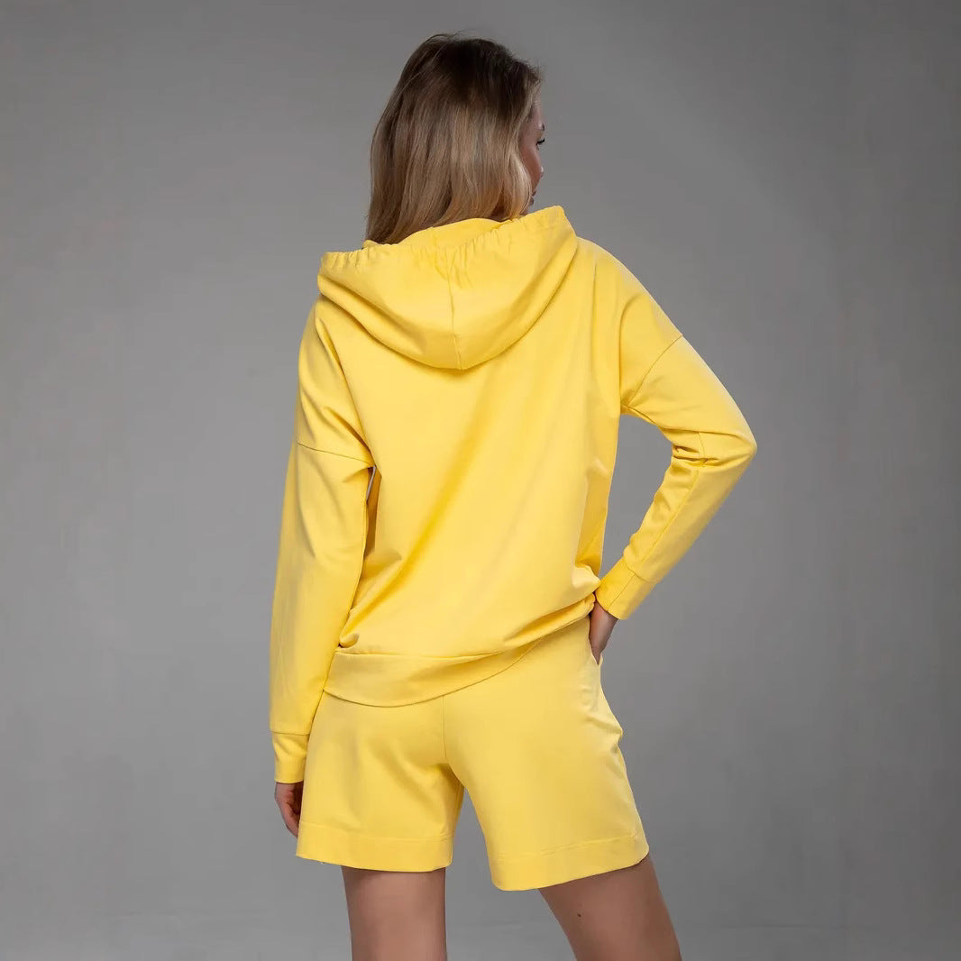 Damen bequemer und modischer Hoodie mit lässiger Kängurutasche und Shorts Set Drune