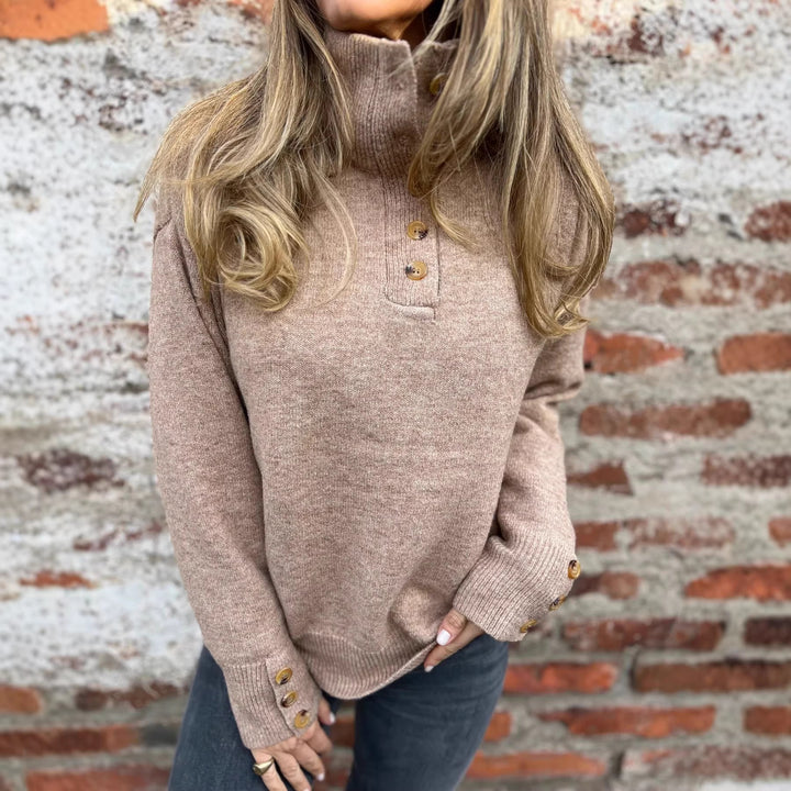 Damen kuscheliger Pullover mit hohem Kragen und dekorativen Knopfdetails Drune