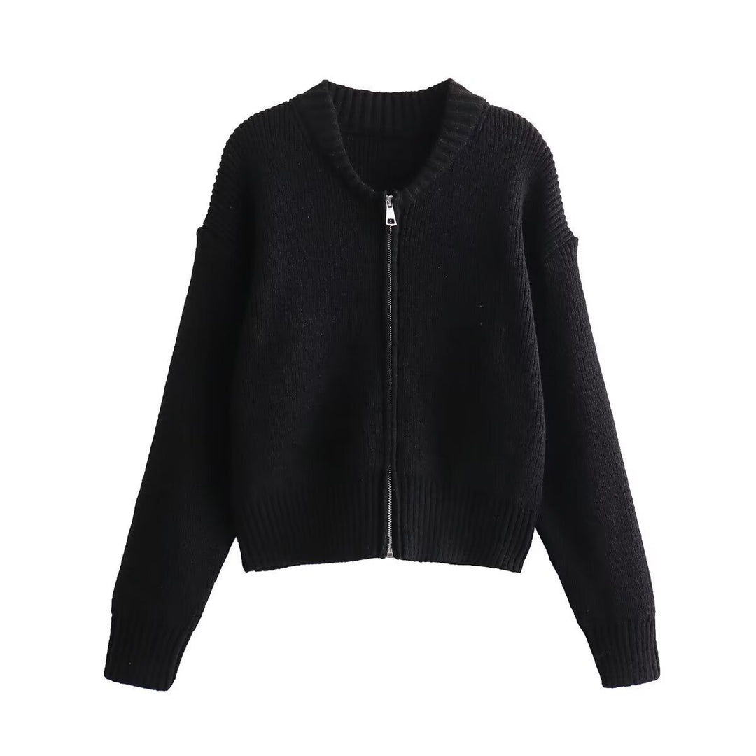 Damen moderne Strickjacke mit voluminösen Ärmeln und Reißverschluss Drune