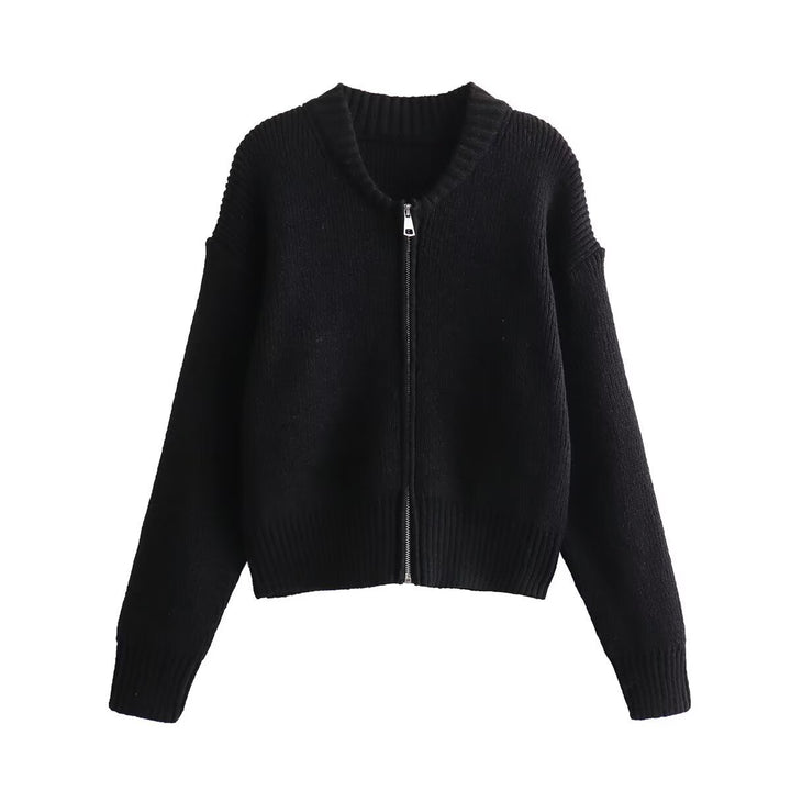Damen moderne Strickjacke mit voluminösen Ärmeln und Reißverschluss Drune