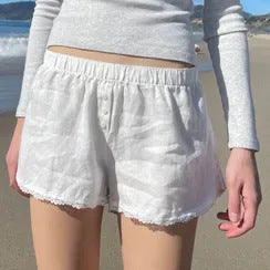 Damen Kurzschlafhose mit elastischem Bund und modischem Bindegürtel Drune
