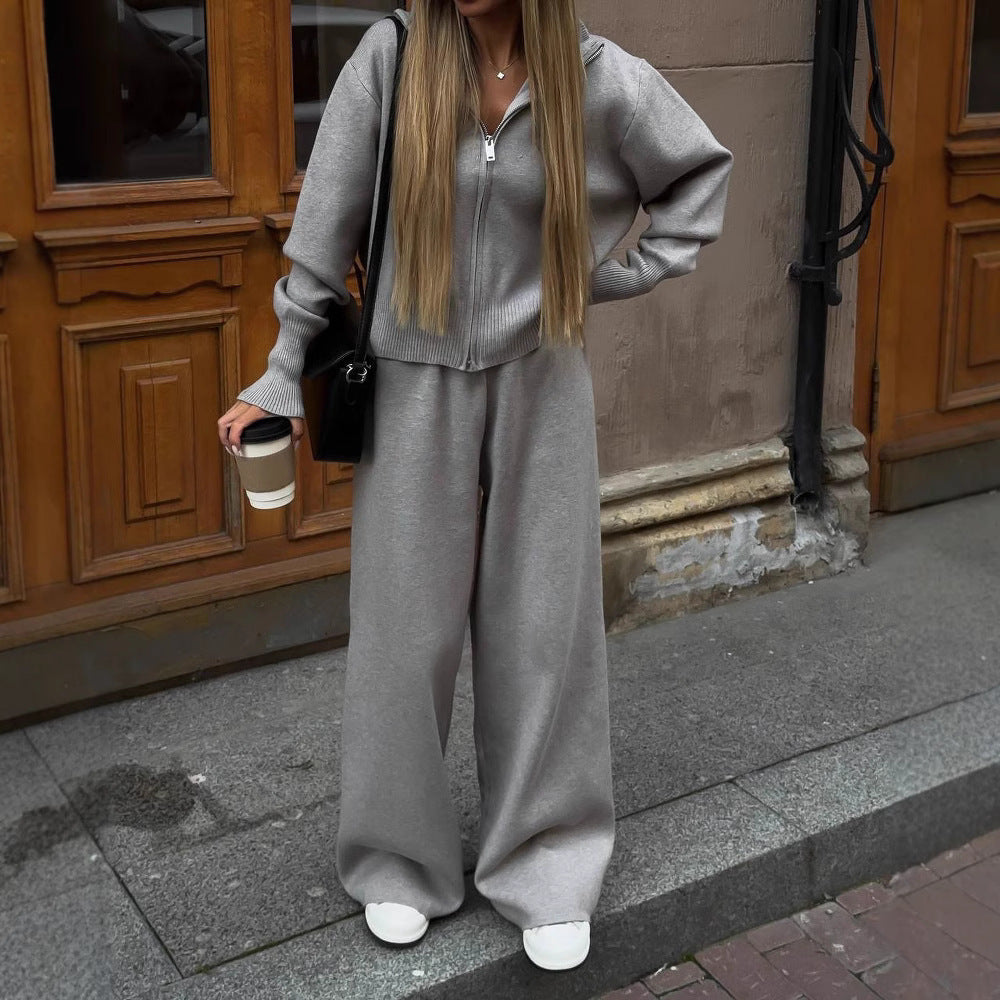 Damen nan gestricktes Loungewear-Zweiteiler mit kurzem Reißverschluss-Cardigan und weitem Highwaist-Hosenbein Drune