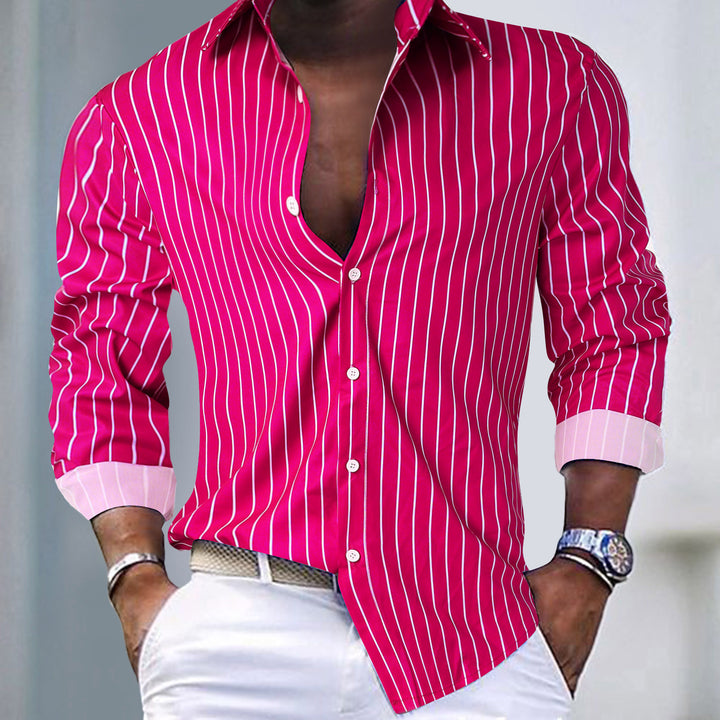 Herren gestreifte Hemdbluse mit tiefem V-Ausschnitt und eleganter Knopfdetails Drune