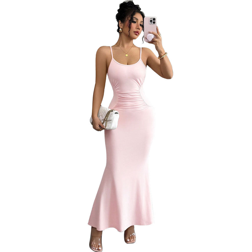 Damen figurbetontes Maxikleid mit Spaghettiträgern und raffiniertem Drapierungsdesign Drune