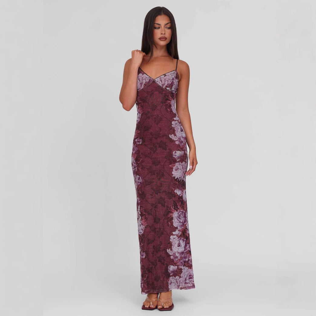 Damen nan eng anliegendes Jersey-Slipkleid mit V-Ausschnitt, Spaghettiträgern und Blumen-Leo-Print Drune