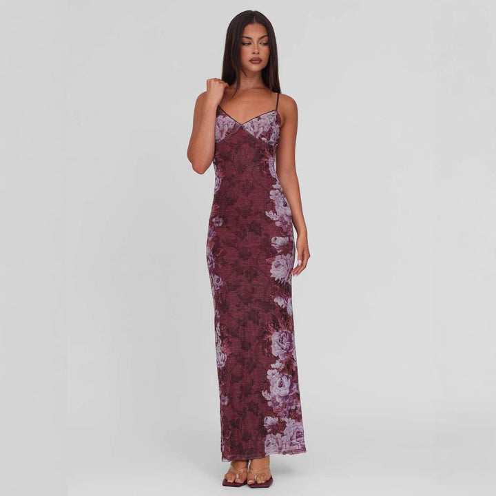 Damen nan eng anliegendes Jersey-Slipkleid mit V-Ausschnitt, Spaghettiträgern und Blumen-Leo-Print Drune