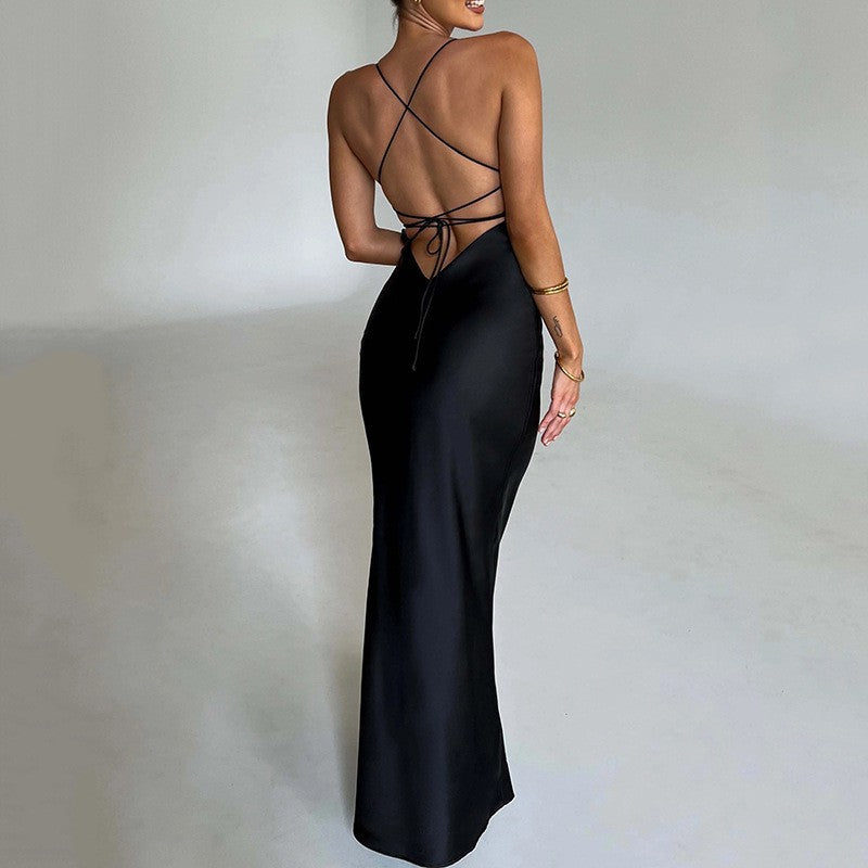 Damen Elegantes Figurbetontes Maxikleid mit Spaghettiträgern Drune