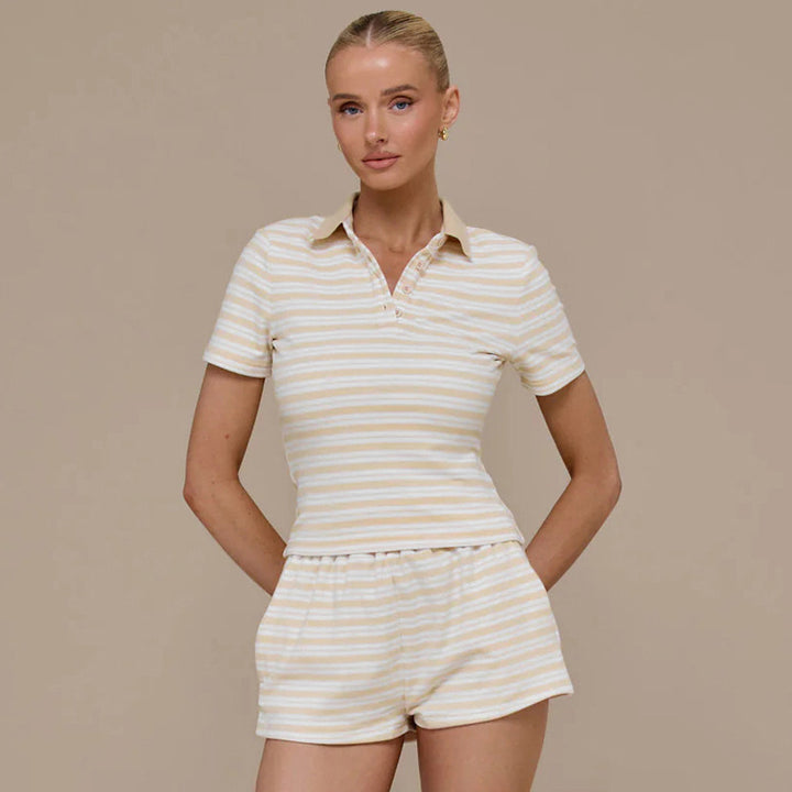 Damen gestreiftes Schlafset mit Poloshirt und Shorts Drune