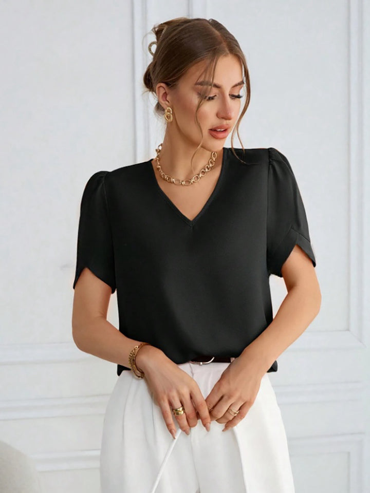 Damen V-Ausschnitt Bluse mit Puffärmeln Drune