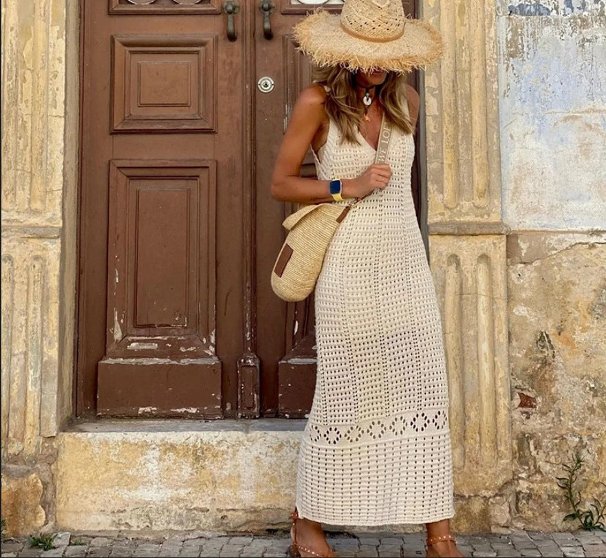 Damen Häkel-Maxikleid mit luftigen Schnürdetails und elegantem Design Drune