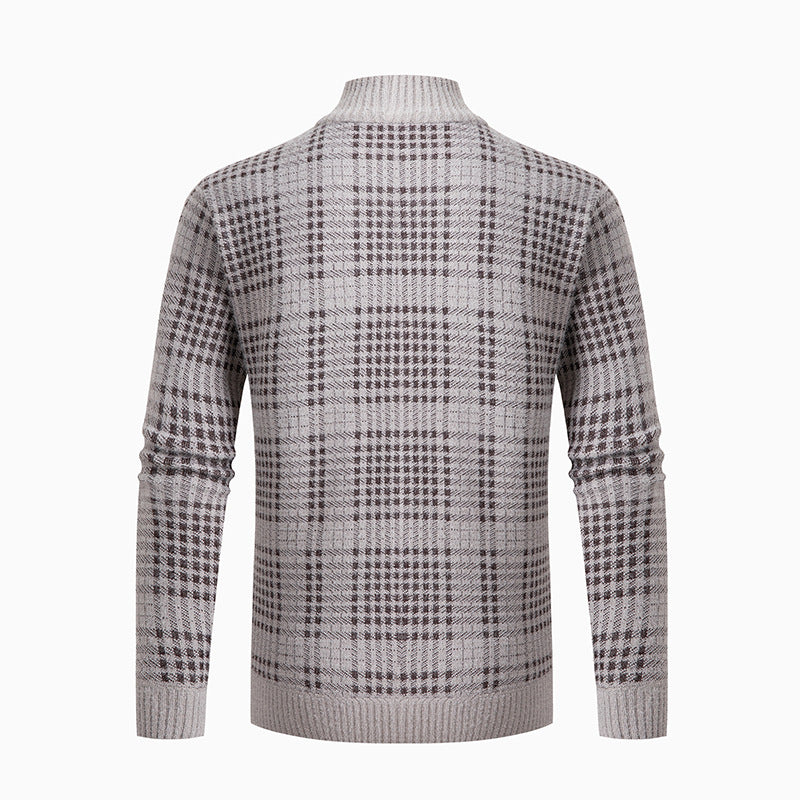 Herren modische Strickjacke mit modernem Karomuster und hohem Kragen Drune