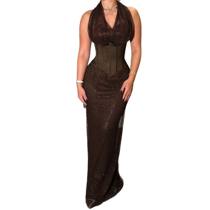 Damen Langarm Maxikleid mit eleganter A-Linien-Silhouette und schimmernden Details Drune