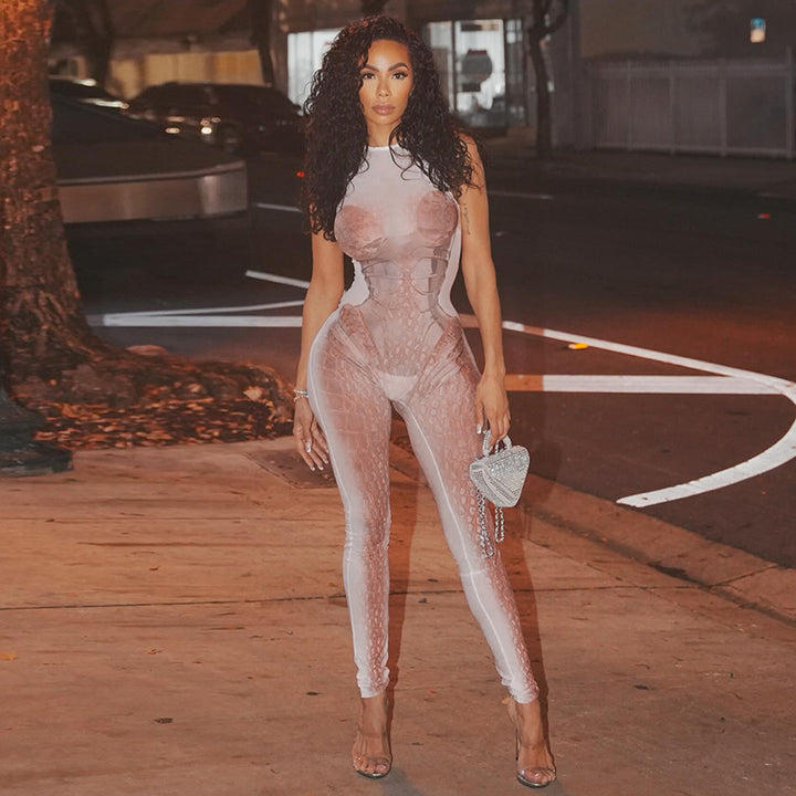 Damen Eleganter und figurbetonter Jumpsuit mit transparenten Einsätzen Drune