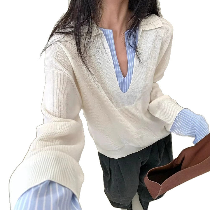 Damen Eleganter Pullover mit eingesetztem Hemdkragen Drune