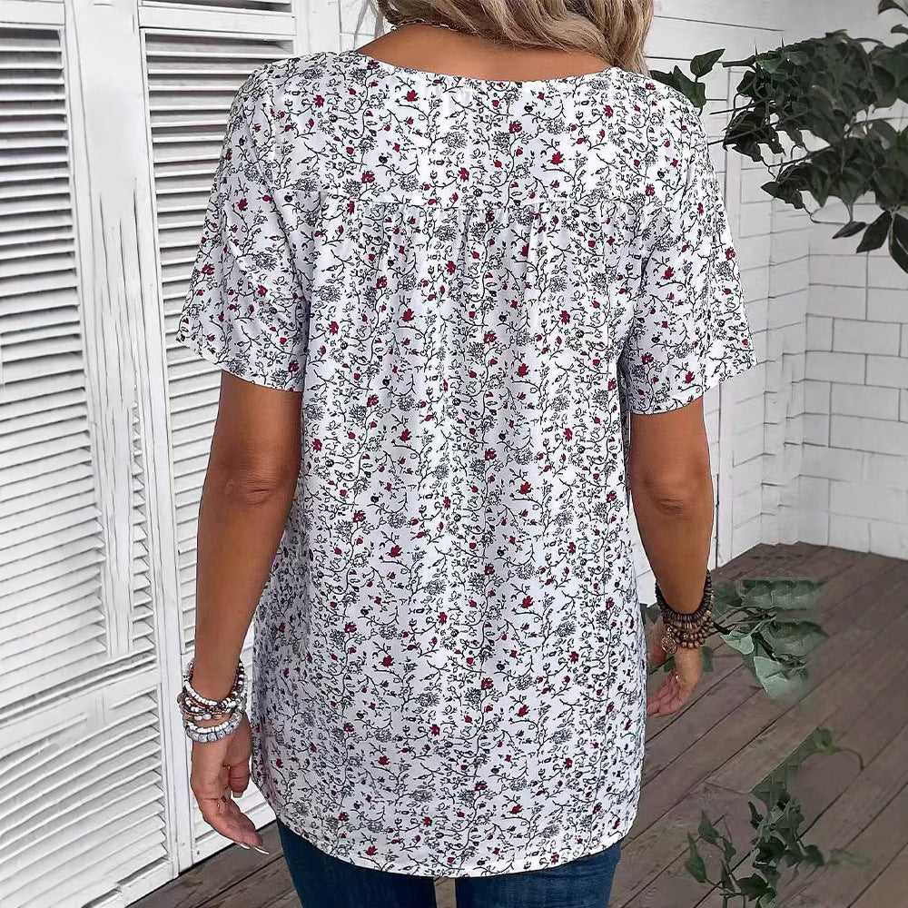 Damen nan lässiges Kurzarm-Tunika-Shirt mit Rundhalsausschnitt, zartem Blumenallover und dekorativen Brustfalten Drune
