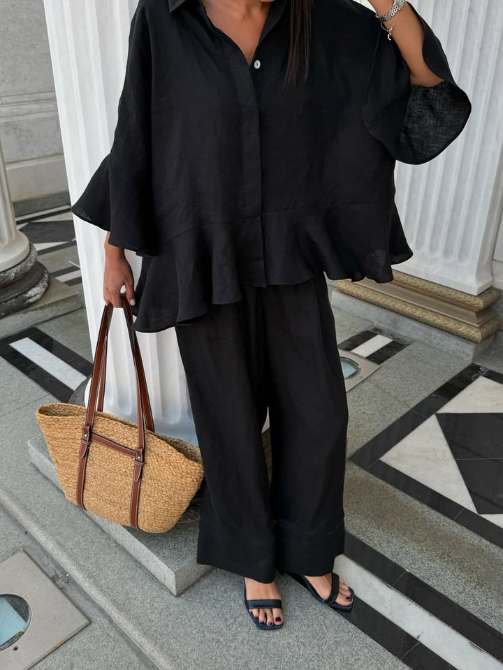 Damen Leinenbluse mit voluminösen Ärmeln und weiten Hosen Drune