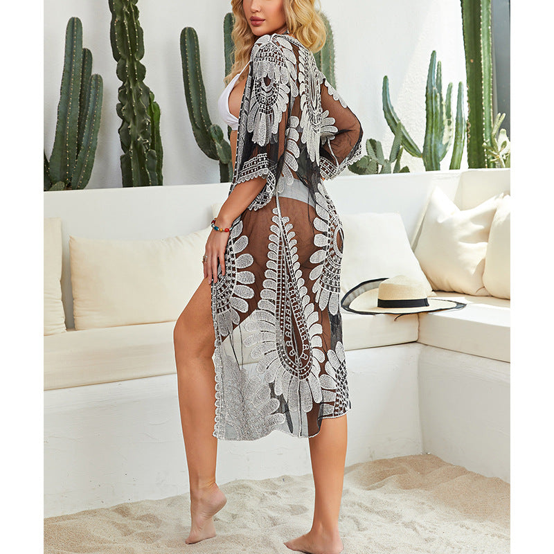Damen Häkel-Strandüberwurf mit floralen Motiven und lockerem Schnitt Drune