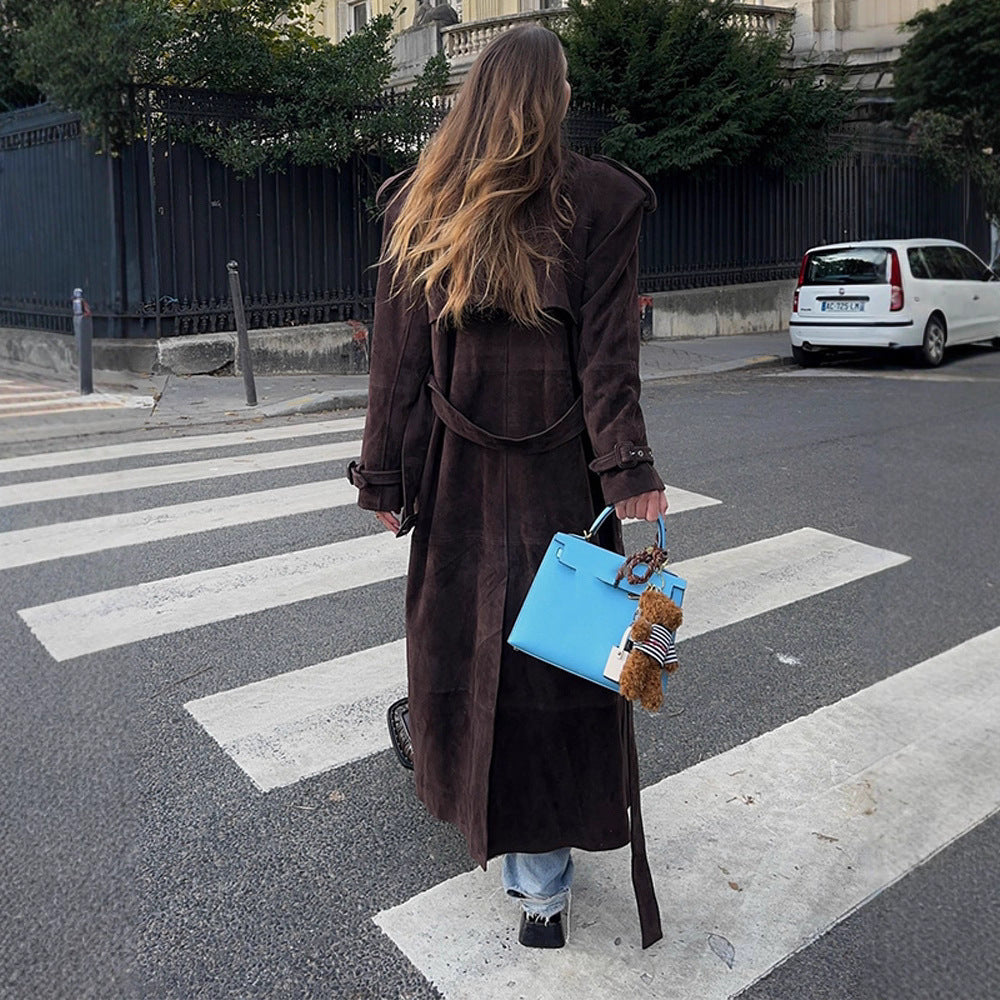 Damen Modischer und bequemer lange Suede-Trenchcoat Drune