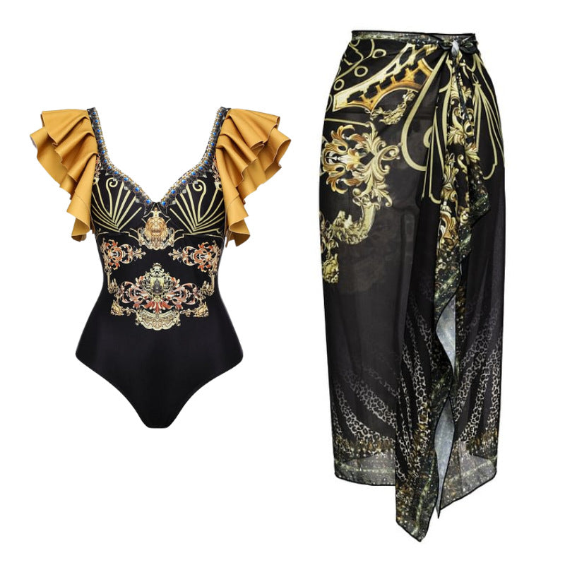 Damen Einteiler Badeanzug mit elegantem Design und passendem Wickeltuch Drune