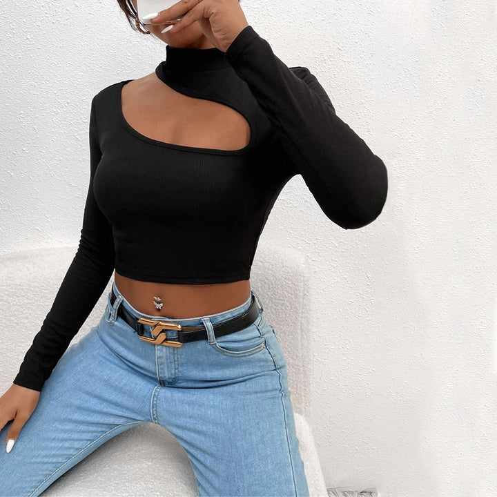Damen Langarm-Crop-Top mit asymmetrischem Ausschnitt und elegantem Stehkragen Drune