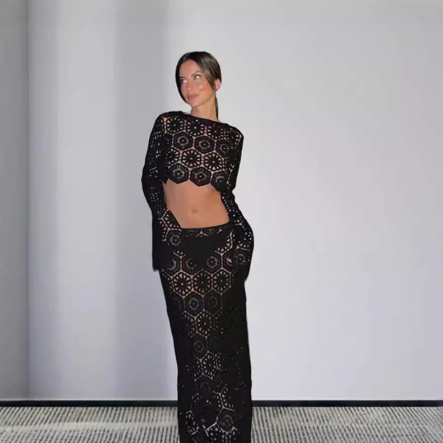 Damen Cropped Häkel-Oberteil und Maxi-Rock Set Drune
